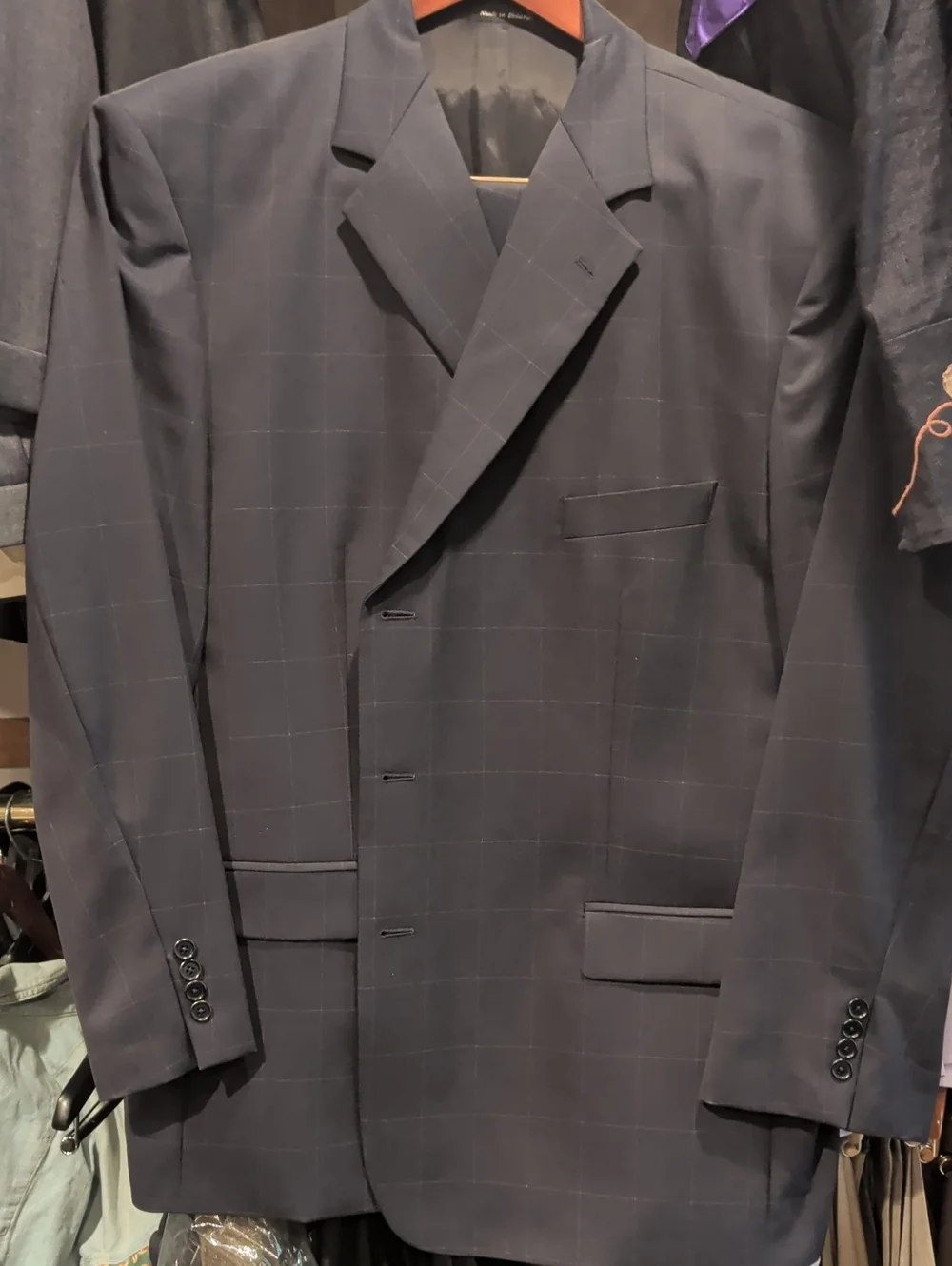 Beautiful Navy Windowpane Suit. Made In Israel.  Without Wool & Linen Mixture!